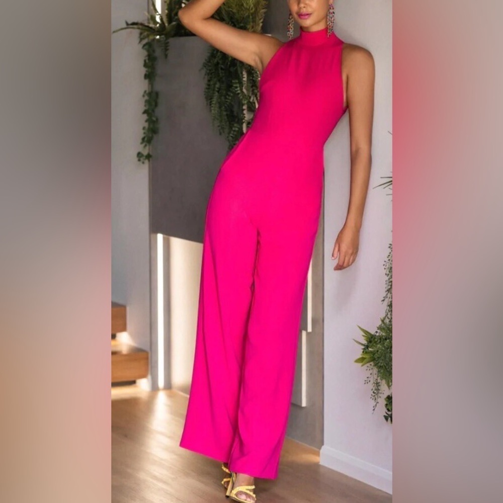 Marina Fuschia Pink Wide Leg Sleeveless Halter Tie Waist Jumpsuit NEW